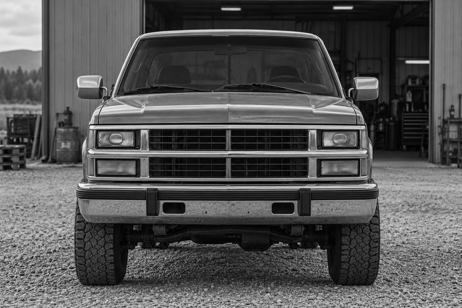 Centered head-on portrait of a classic diesel pickup